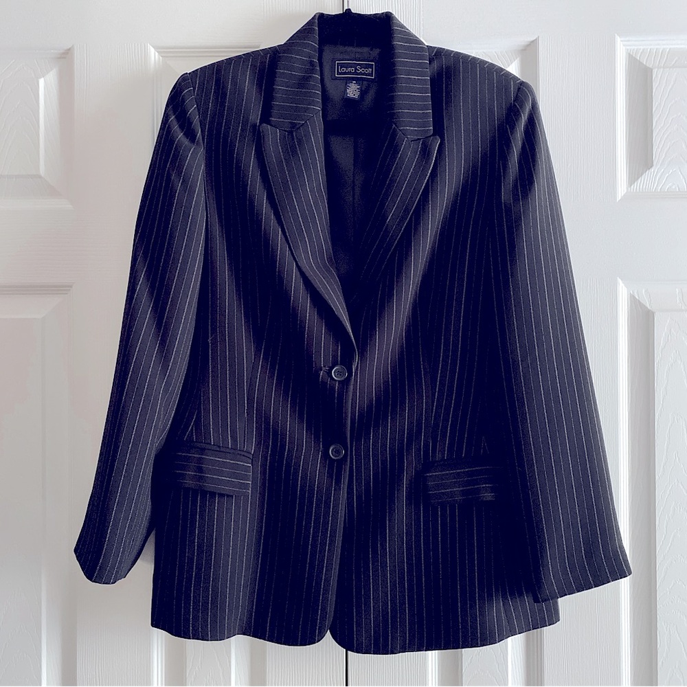 LAURA SCOTT BLACK TAILORED CLASSIC PINSTRIPE SINGLE BREASTED BLAZER 14